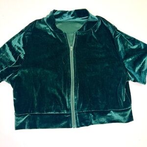 Emerald Green Velvet Velour Y2K Cropped Zip Front Top - Cropped Jacket